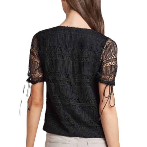 TULAROSA Revolve tie waist button mesh lace crochet overlay black blouse Medium - Picture 3 of 10